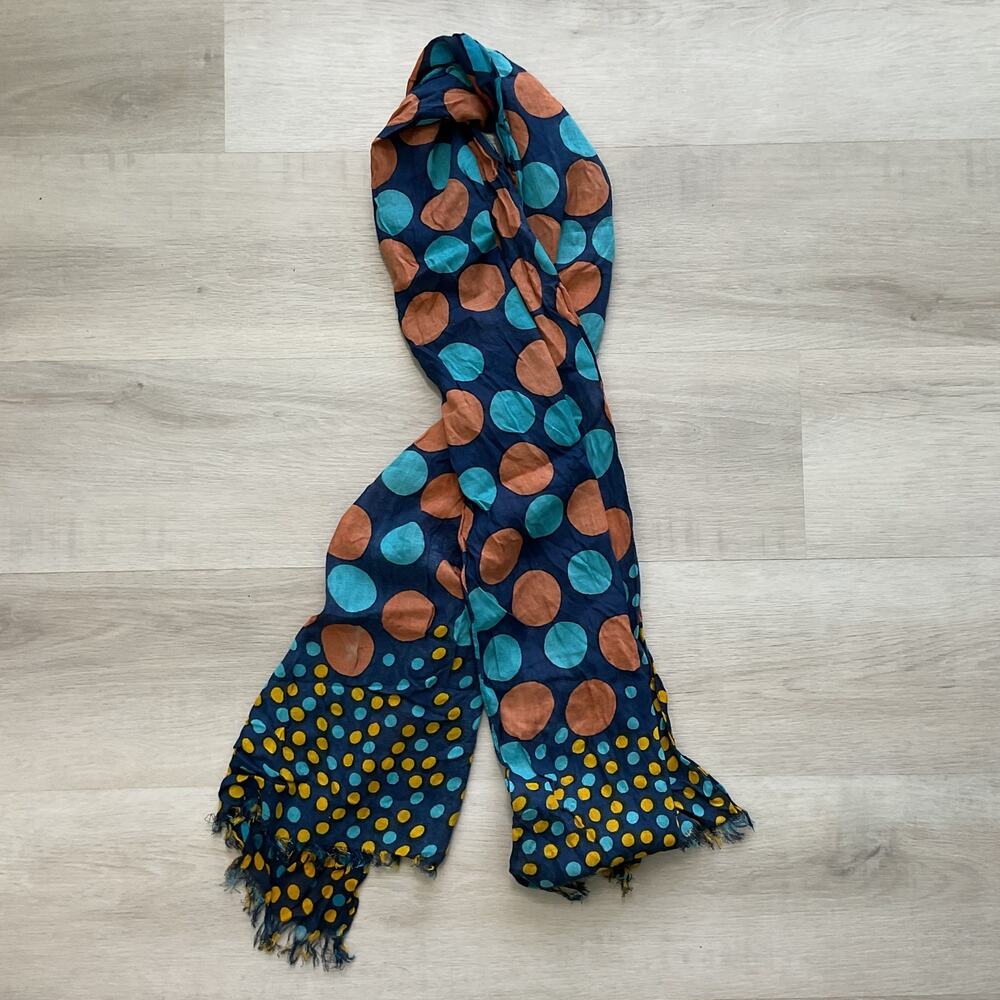 Womens Fringed Scarf Polka Dot Navy Blue 19x68 Made in India